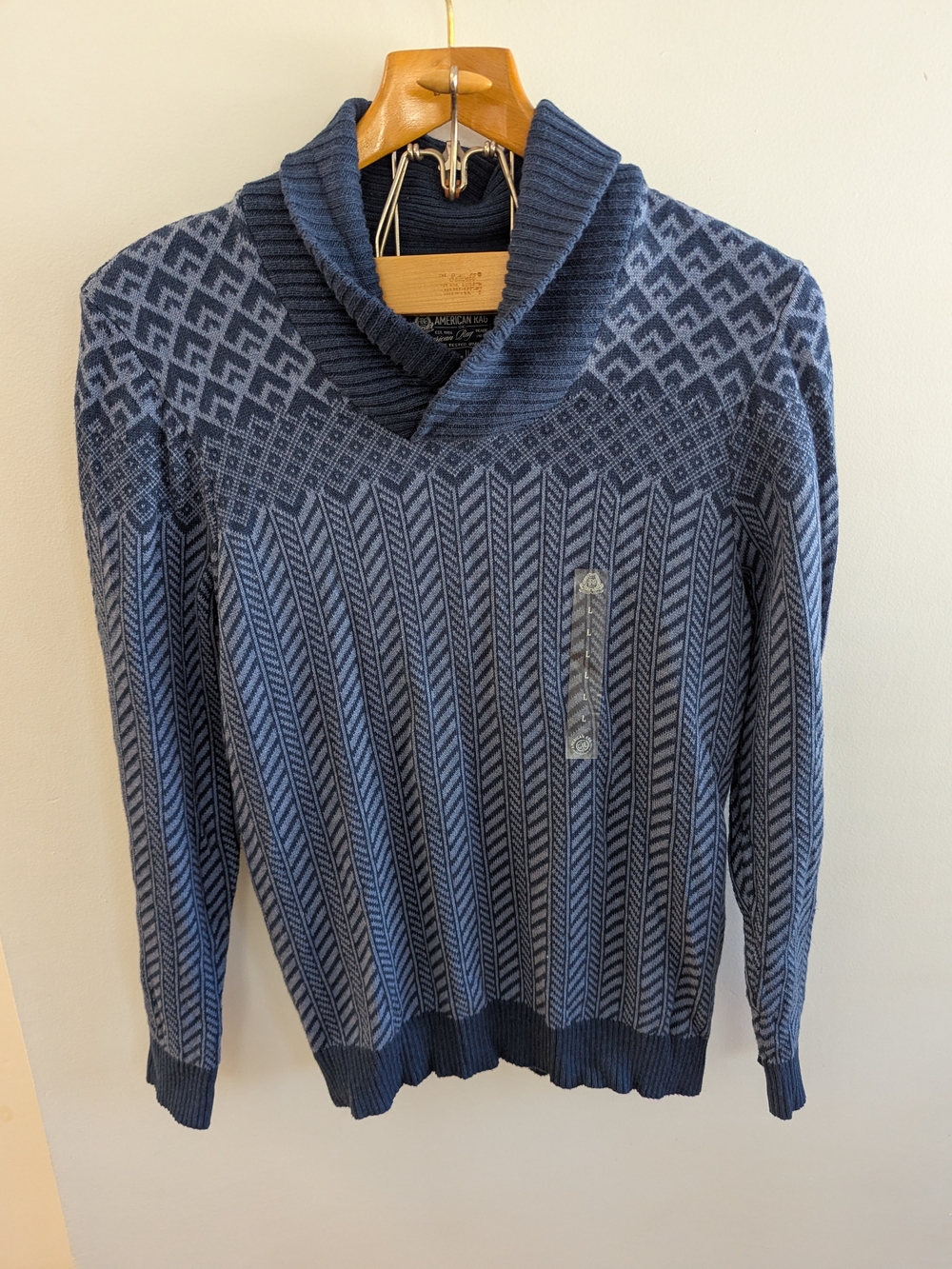 NWT American Rag Women Blue Geometric Chevron Shawl Collar Sweater Size L Cotton